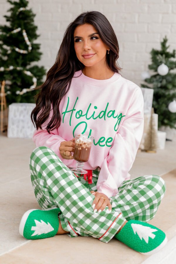 Pink Holiday Cheer Letter Graphic Christmas Slogan Sweatshirt