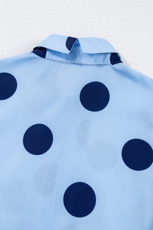 Sky Blue Polka Dot Print Ruffled Short Sleeve Buttoned Collared Blouse