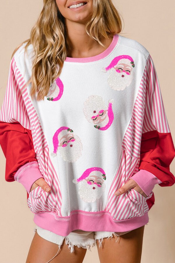 Rose Red Santa Clause Striped Block Patchwork Round Neck Sweatshirt