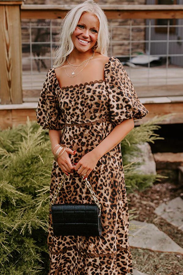 Brown Leopard Print Bubble Sleeve Square Neck Maxi Dress