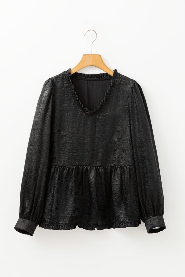 Black Metallic Frilled V Neck Puff Sleeve Babydoll Blouse