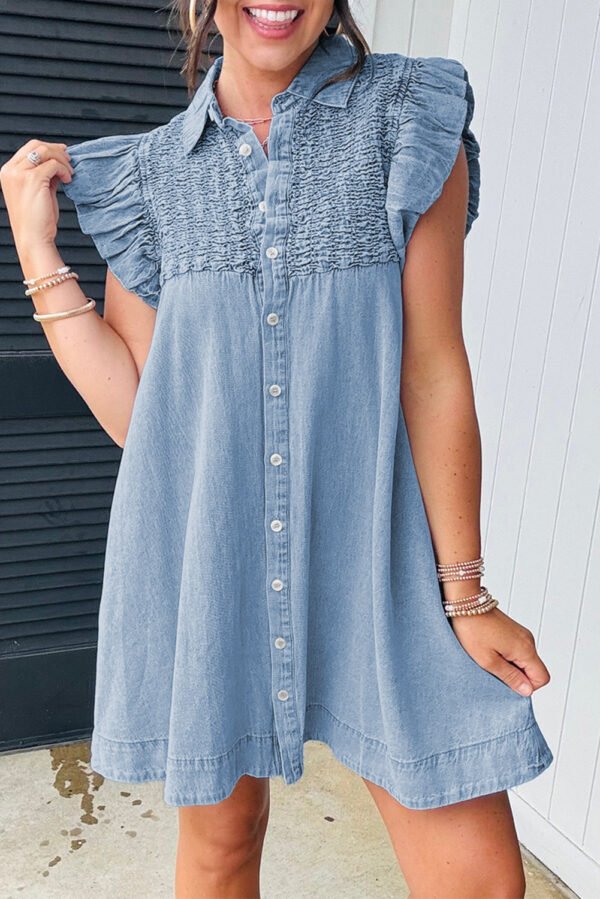 Beau Blue Flutter Sleeve Shirred Detail Button Up Denim Mini Dress