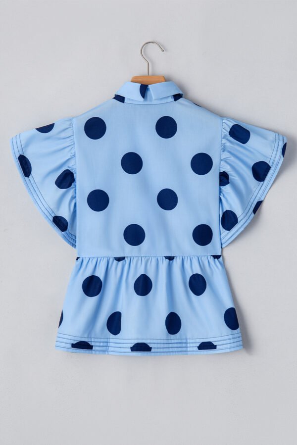 Sky Blue Polka Dot Print Ruffled Short Sleeve Buttoned Collared Blouse