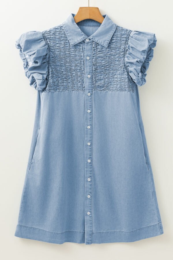 Beau Blue Flutter Sleeve Shirred Detail Button Up Denim Mini Dress