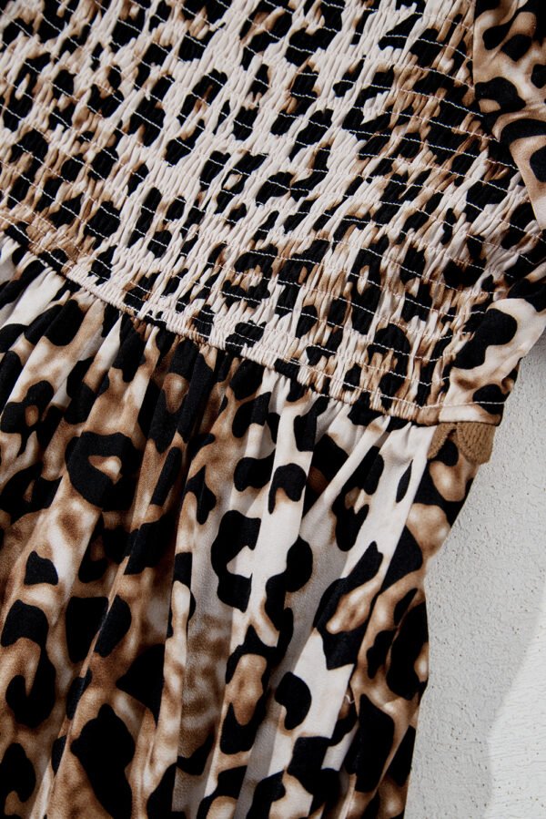 Brown Leopard Print Bubble Sleeve Square Neck Maxi Dress