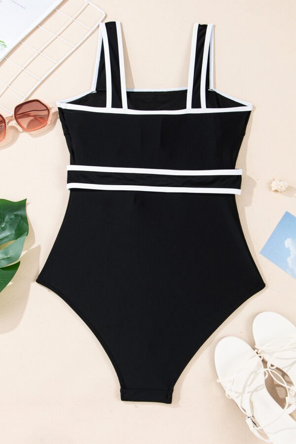 Black Colorblock Edge Belted One Piece Swimsuit