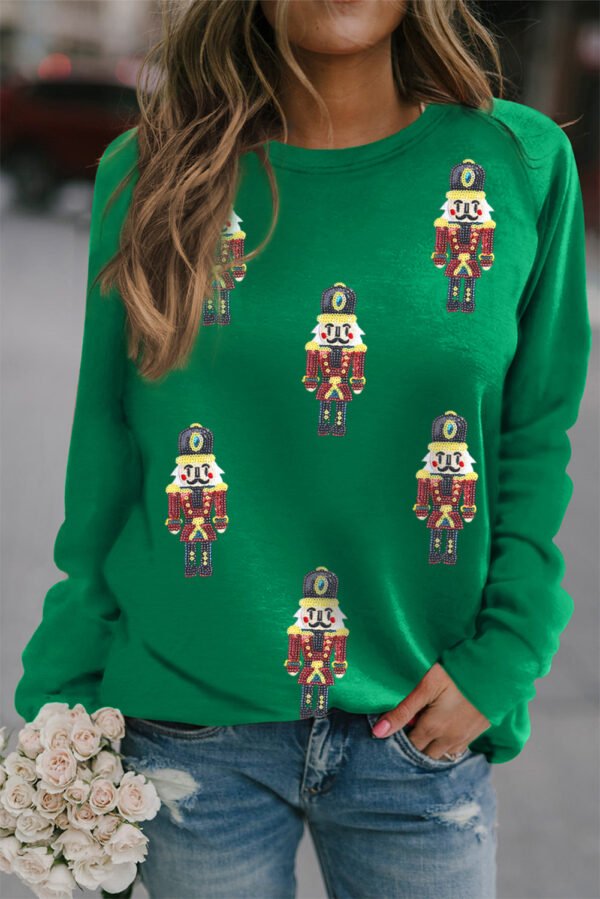 Green Sequin Nutcracker Patched Pattern Raglan Sleeve Christmas Sweatshirt