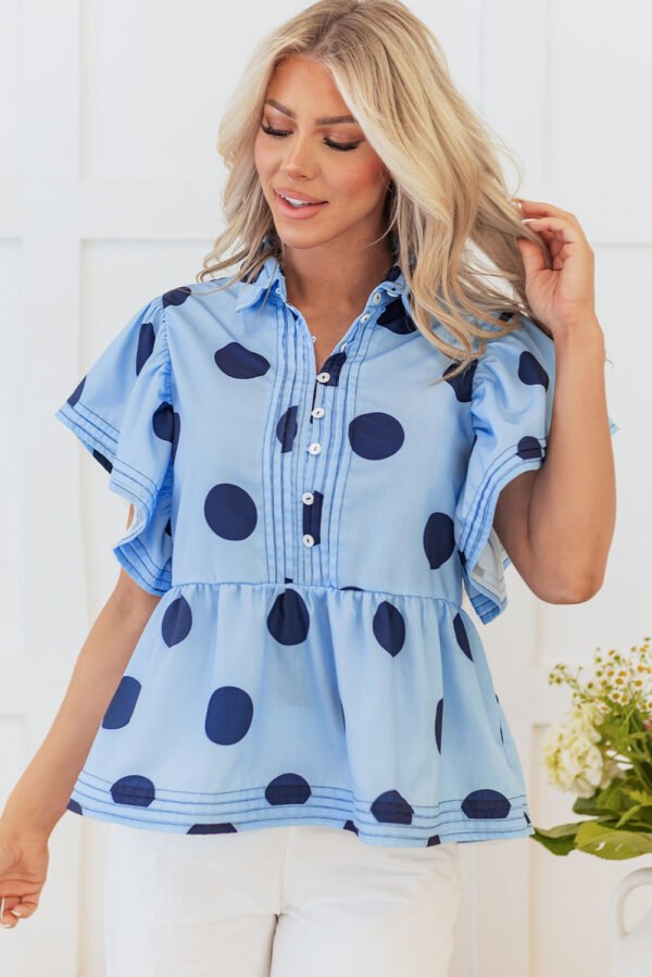 Sky Blue Polka Dot Print Ruffled Short Sleeve Buttoned Collared Blouse