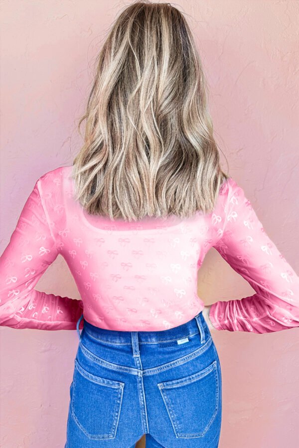 Pink Mesh Bow Pattern Long Sleeve Top