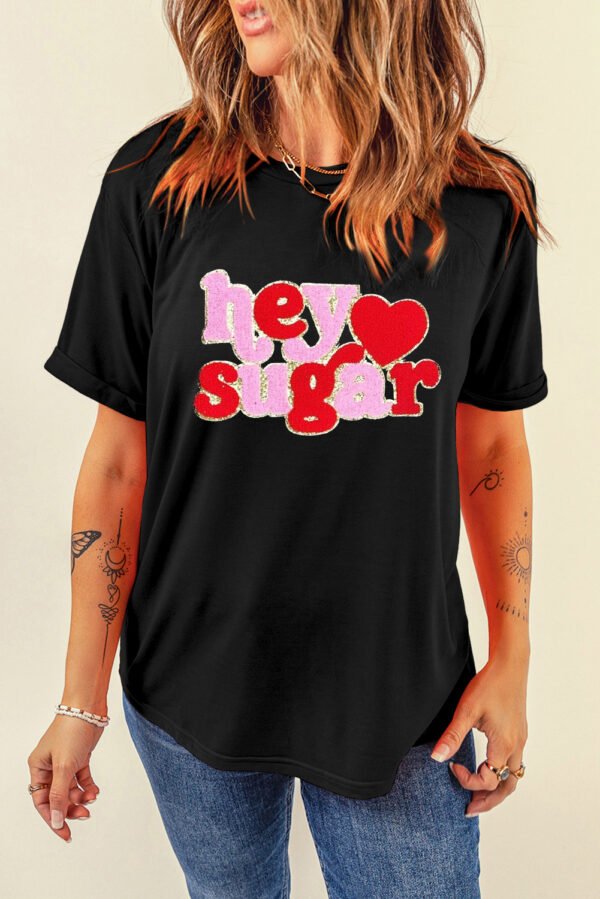 Black Chenille Heart hey sugar Patched Crewneck Valentines Tee