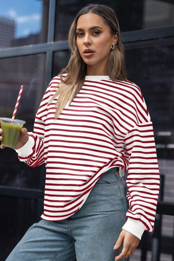 Burgundy Striped Long Sleeve Round Neck Loose Top