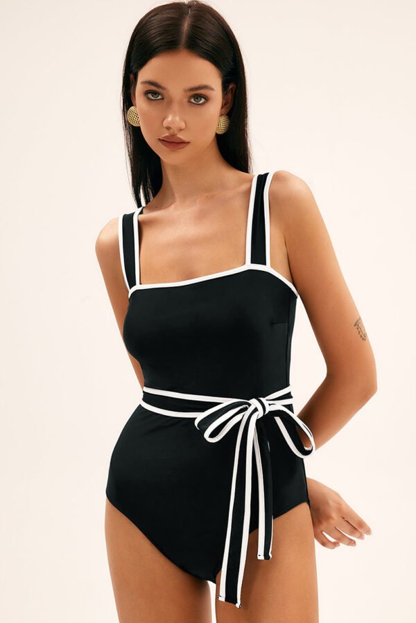 Black Colorblock Edge Belted One Piece Swimsuit