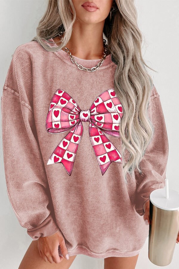 Pink Valentines Heart Checkered Bow Pattern Corded Baggy Sweatshirt