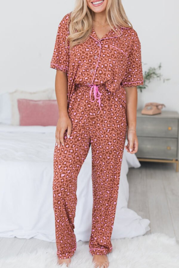 Brown Leopard Print Short Sleeve Shirt and Pants Pajamas Set