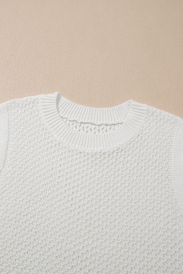 White Solid Color Eyelet Knit Crew Neck Sweater Vest