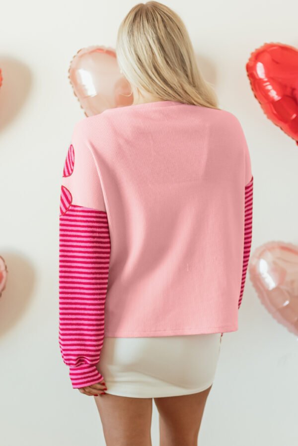 Pink Floral Patch Color Block Striped Sleeve Textured Top
