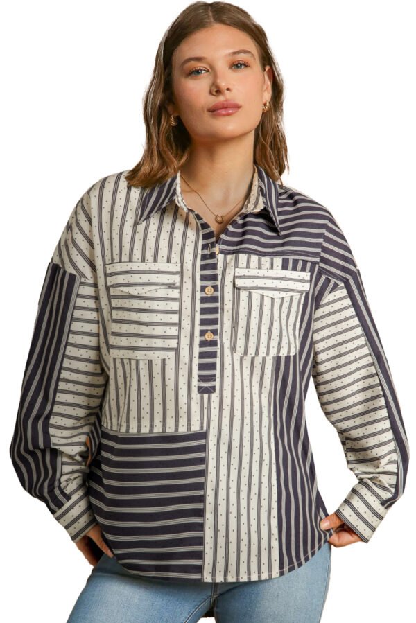 Black Stripe 2-tone Patchwork Half Buttons Chest Pockets Casual Blouse