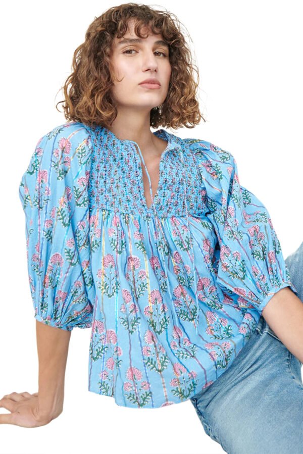 Sky Blue Floral Striped Print Shirred Yoke Split Neck Blouse