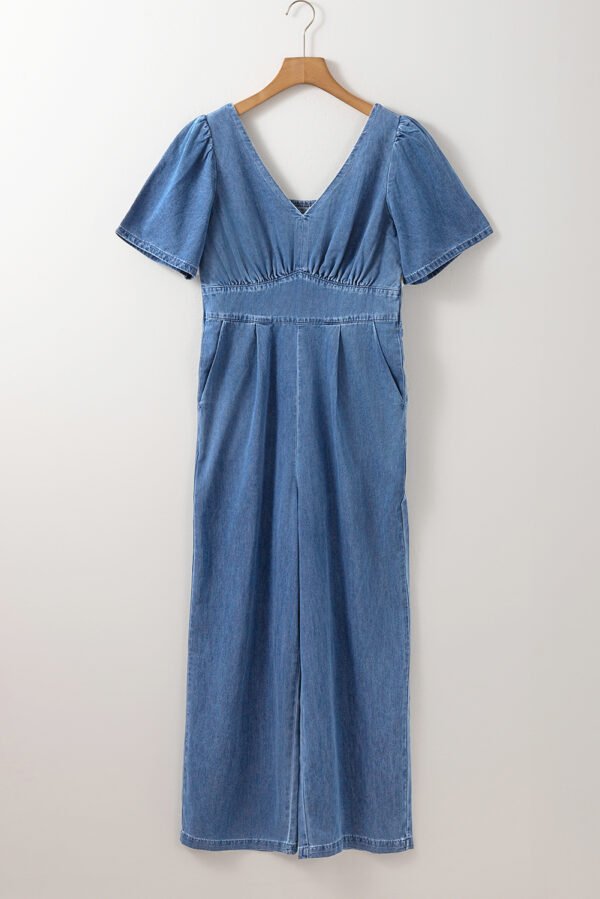 Ashleigh Blue V Neck Short Sleeve Smocked Back Denim Loose Jumpsuit