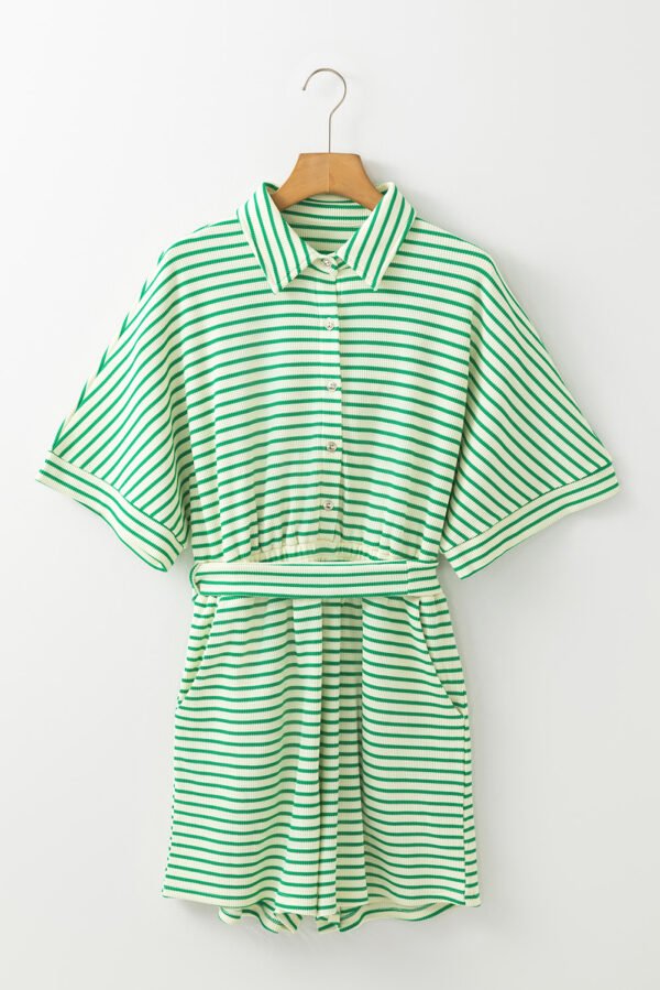 Green Stripe Textured Short Sleeve Collared Buttoned Waist Tie Romper