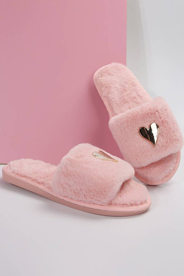 Pink Heart Shape Buckle Decor Open Toe Plush Slippers