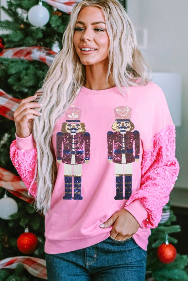 Pink Nutcracker Graphic Sequin Patchwork Long Sleeve Top