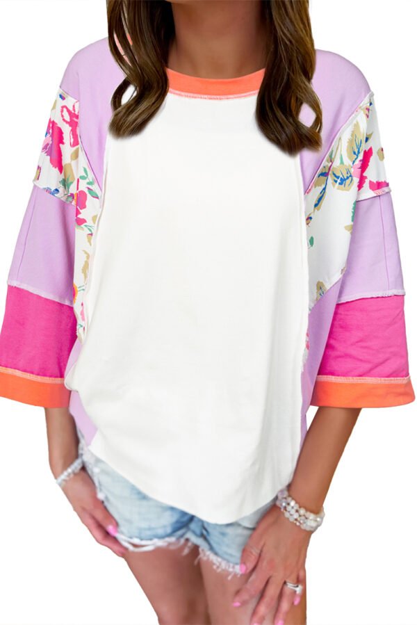 Sachet Pink Floral Color Block Patchwork 3/4 Sleeve Casual Blouse