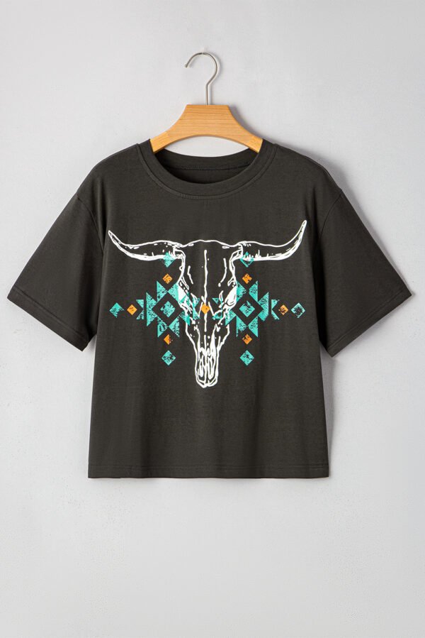 Carbon Grey Vintage Western Bull Head Skull Turquoise Aztec Graphic T Shirt