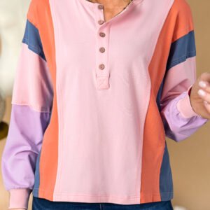 Pink Colorblock Long Sleeve Buttons Henley Top