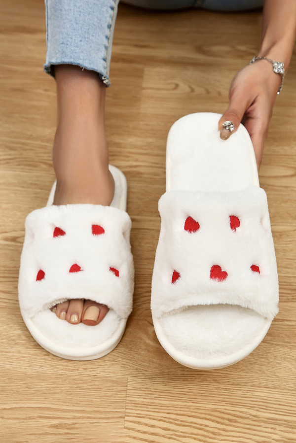 White Valentines Heart Embroidered Fuzzy Winter House Slippers