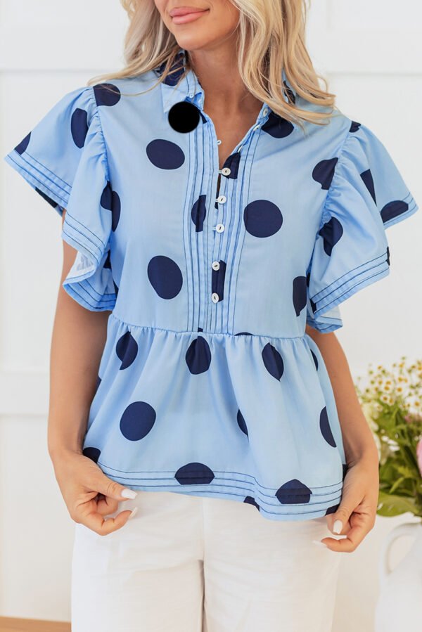 Sky Blue Polka Dot Print Ruffled Short Sleeve Buttoned Collared Blouse