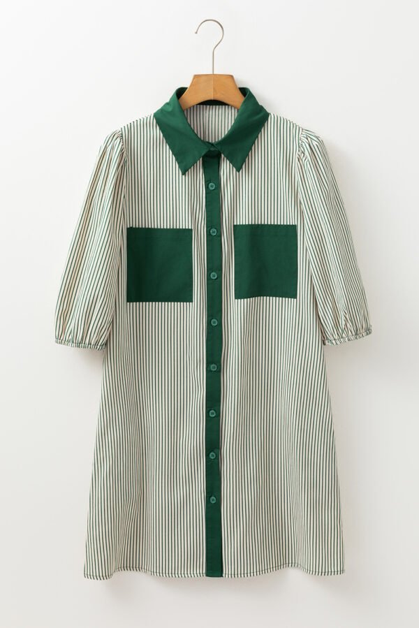 Green Patch Pockets Button Down Short Puff Sleeve Dress