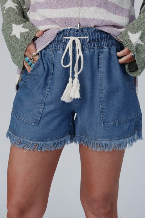 Ashleigh Blue Raw Hem Drawstring High Waist Denim Shorts with Pockets