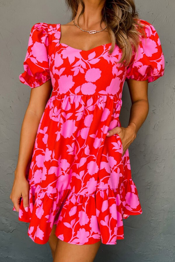 Red Floral Bubble Sleeve Sweetheart Neck Ruffled Mini Dress