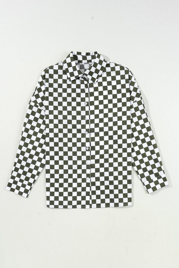 Green Checkerboard Printed Drop Shoulder Loose Casual Shirt