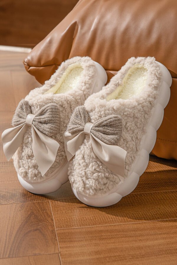 Camel Contrast Bowknot Applique Plush Winter Slippers (Bow Colors May Differ by Batch)