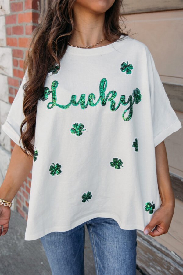 White St Patrick Lucky Clover Sequin Graphic T Shirt