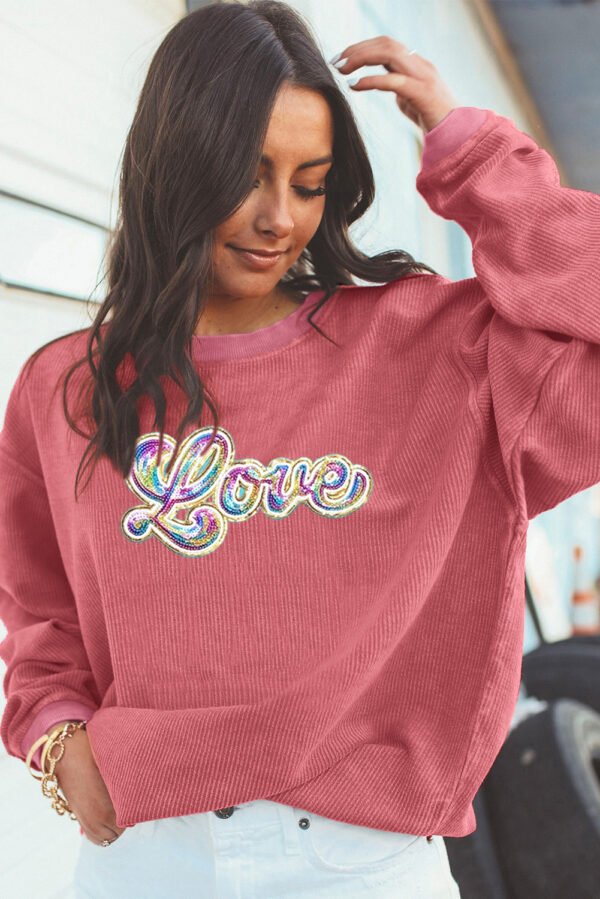 Strawberry Pink Sequin Love Graphic Drop Shoulder Corded Valentines Sweatshirt