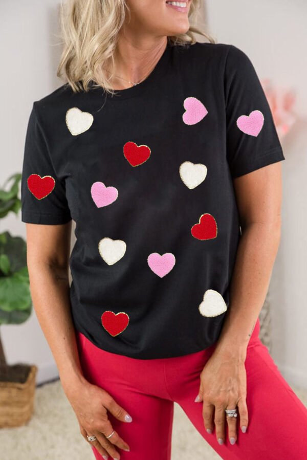 Black Valentines Chenille Heart Patched Pattern Crewneck Tee