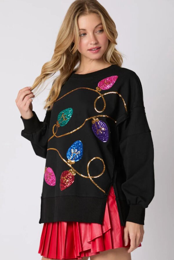 Black Bright Christmas Lights Sequined Oversized Sweatshirt