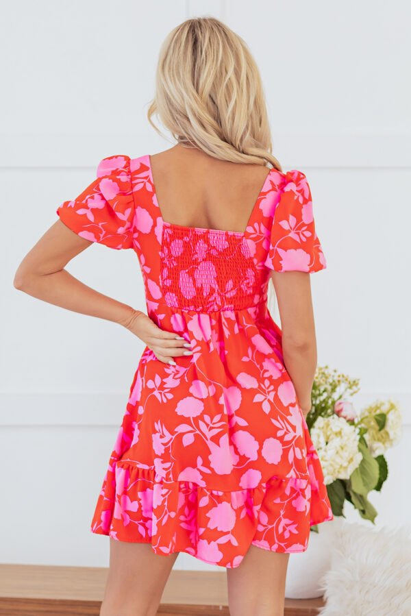 Red Floral Bubble Sleeve Sweetheart Neck Ruffled Mini Dress