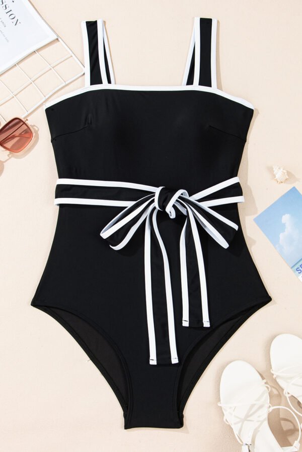 Black Colorblock Edge Belted One Piece Swimsuit