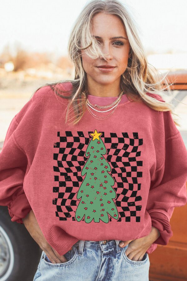 Strawberry Pink Vintage Christmas Tree Checkered Print Corded Sweatshirt