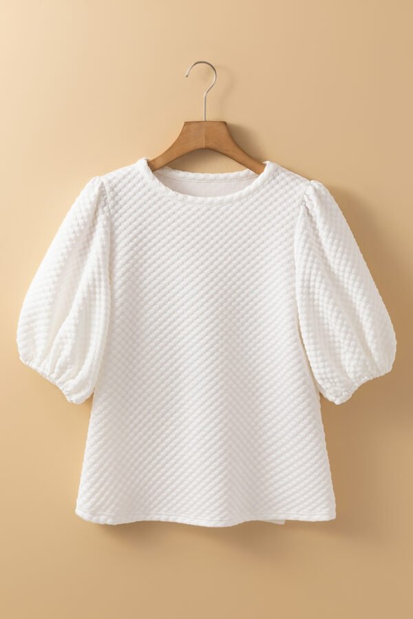 White Solid Textured O Neck Puff Sleeve Blouse