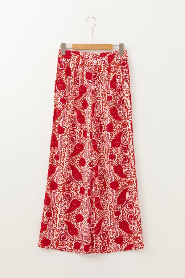 Red Paisley Printed Buttoned High Waist Straight Leg Pants