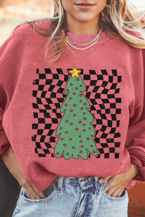 Strawberry Pink Vintage Christmas Tree Checkered Print Corded Sweatshirt