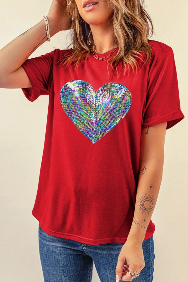 Red Rainbow Sequin Heart Shape Crew Neck T Shirt