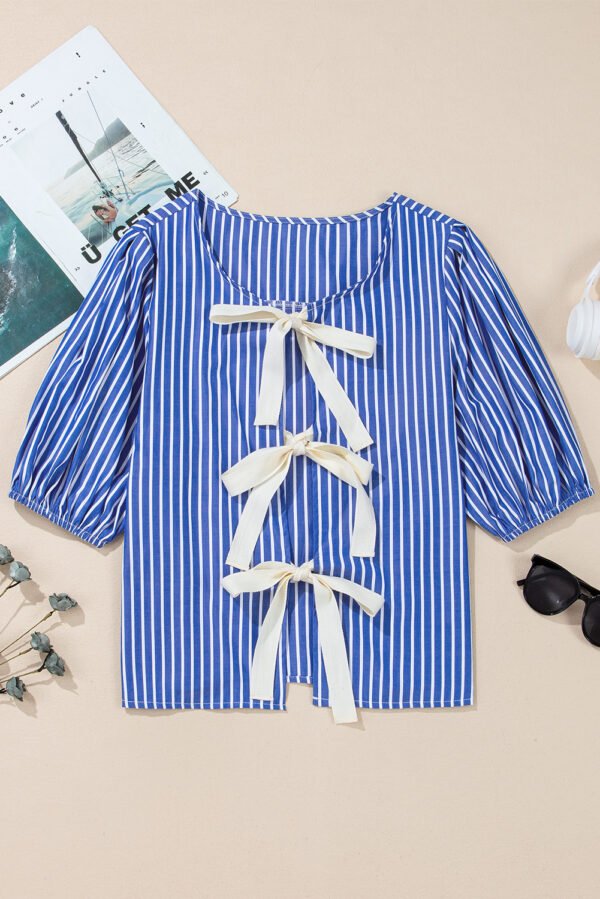 Blue Stripe Tied Front Puff Short Sleeve Blouse