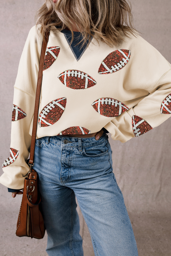 White Sequin Football Graphic Crew Colorblock Sweatshirt