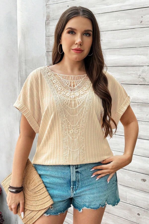 Beige Lace Crochet Patched Cable Textured Cuffed Short Sleeve Plus Size Top